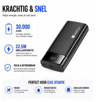Powerbank 30.000 mAh - 22.5W USB-C Snellader - Display - Zwart